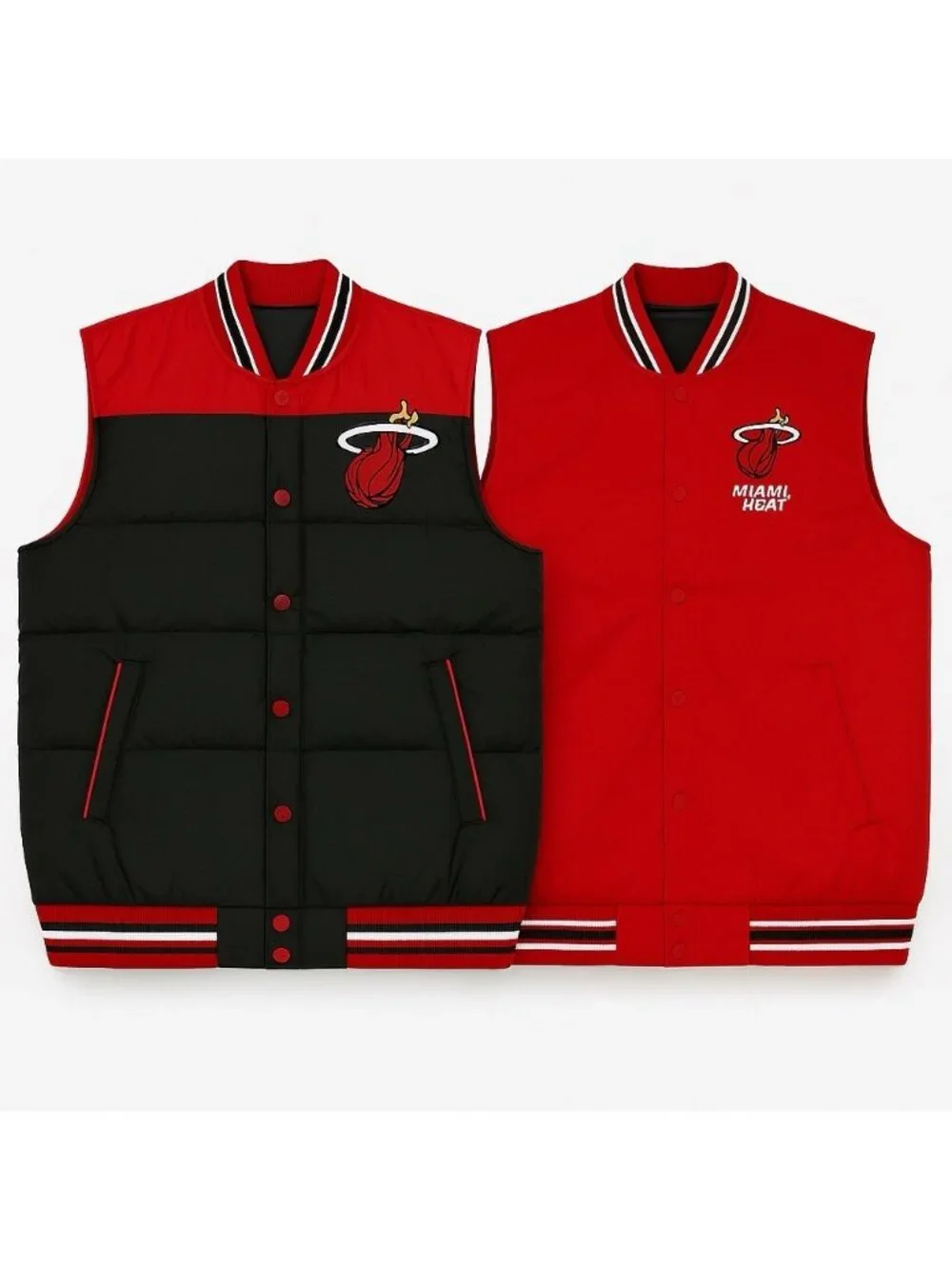 Miami Heat Mens Large Reversible Puffer Vest Black Red JH Design NBA Snap Button